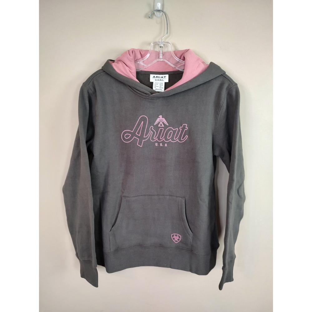 Ariat Real Youth XL‎ 14 Hoodie Charcoal Grey Pink USA Logo Pullover Sweatshirt
